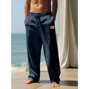 High-Quality Linen Men’s Pants, Renaissance Viking Pirate Costume, Vintage Style, Leather-Patched, Ideal for Halloween & Cosplay Parties