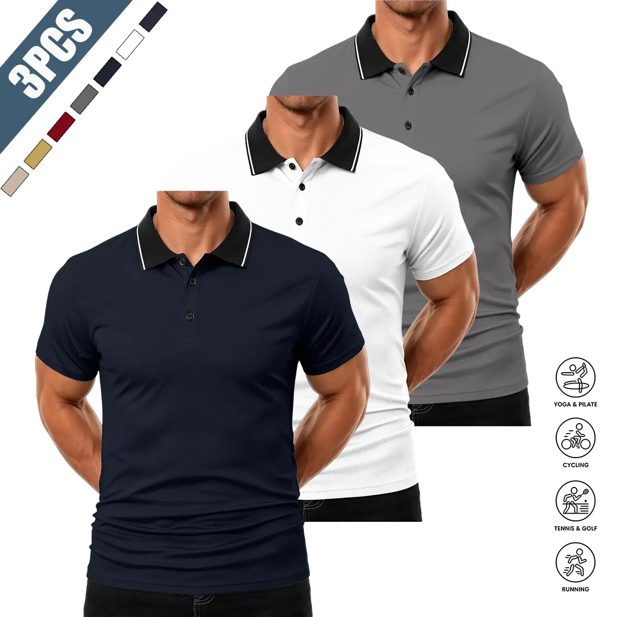3 Pack Men's Contrast Collar Piqué Mesh Polo Shirts,100% Polyester Quick Dry Breathable Moisture Wicking Short Sleeve Slim Fit Tops, Multi-scene Business Casual Tennis Golf Daily Shirts,clothes for back to school,first day of school outfits