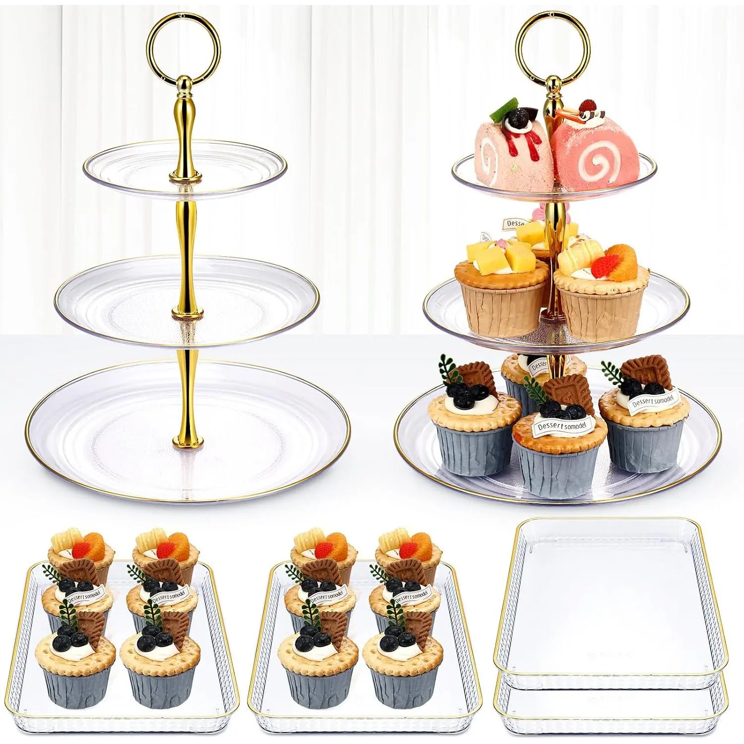 6 count Clear Cupcake Display Stand Set 3 Tier Dessert  Stands Serving Tower Tray with  Rim Rectangle Serving Trays Candy Cookie Sandwich Stand for Wedding Birthday  Party