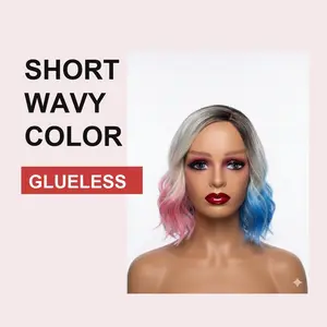 Short Wavy Color Blend Wig with Simulated Scalp - Platinum Blonde with Blue & Pink