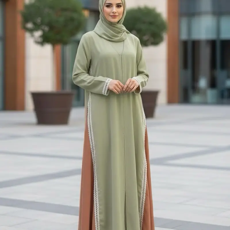 Dubai Abaya - Olive Green & Brown Maxi Dress with Elegant Beaded Trim and Long Sleeves