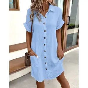 Women's Loose Midi  with Buckle Decoration Solid Color Linen Cotton Ruffled  for Summer Beach Vacation Short Off the colorful elegant backless a-line maxi  fall winter  knit  high neck    fabric long dress Chic sleeve sexy dress square flare sleeve