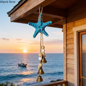 Coastal Starfish Wind Chimes with Bells, Nautical Beach Hanging Decor for Patio, Porch and Home, Blue Resin Starfish Wind Bell with Wood Beads for Ocean, Mediterranean and Boho Summer Decoration