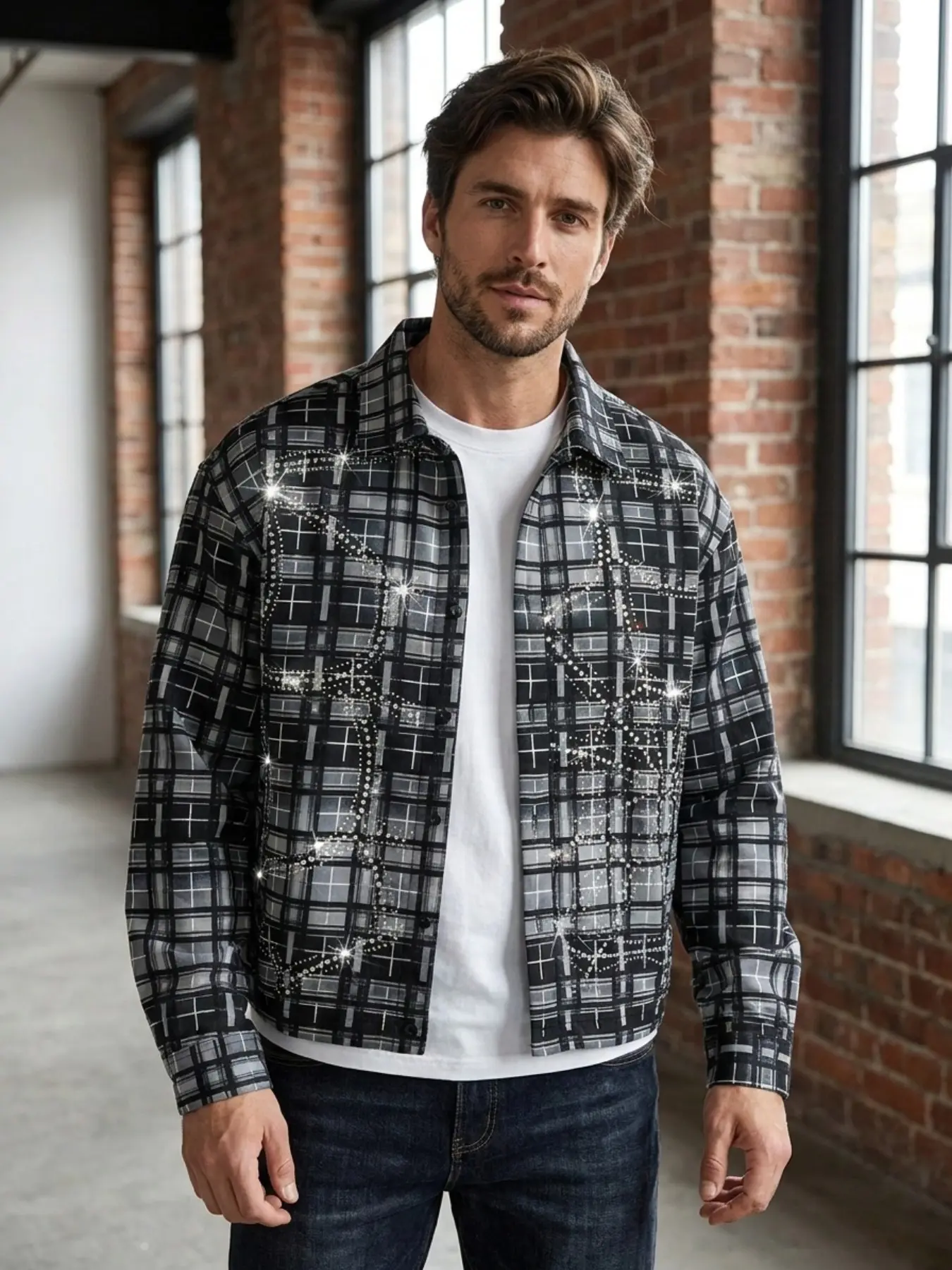 Plaid Rhinestone Shirt, Long Sleeve, Casual, Stylish Trendy Sparkly Design, Street Style Cool Look, Versatile Eye-Catching Fashion