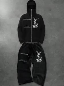 Men's Sportswear Casual Set, Motorcycle Riding Hooded Zipper Sweatshirt & Pants Two-Piece, Trendy Street Style, Fall & Winter Wear, Streetwear Tracksuit Set