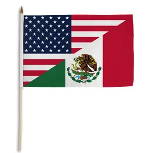 12x18in USA-Mexico Combination Stick Flag, Wooden-Plastic Construction, Bright Print Banners for Home Decor, Festive Party Backdrops