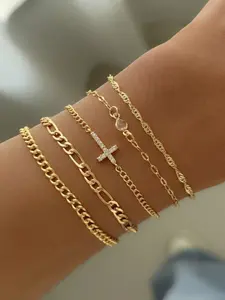 5pcs High-Quality Cubic Zirconia Cross Decorated Stackable Bracelets, Fashionable, Suitable For Women's Parties, Gatherings, Daily Wear, Holidays, And Gifts, Cuban Chain Bracelets, Jewelry Bracelet