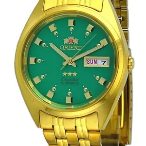 Orient Automatic Watch with Green Face, Gold Tone, Date Display, and Striped Bracelet for Men and Women