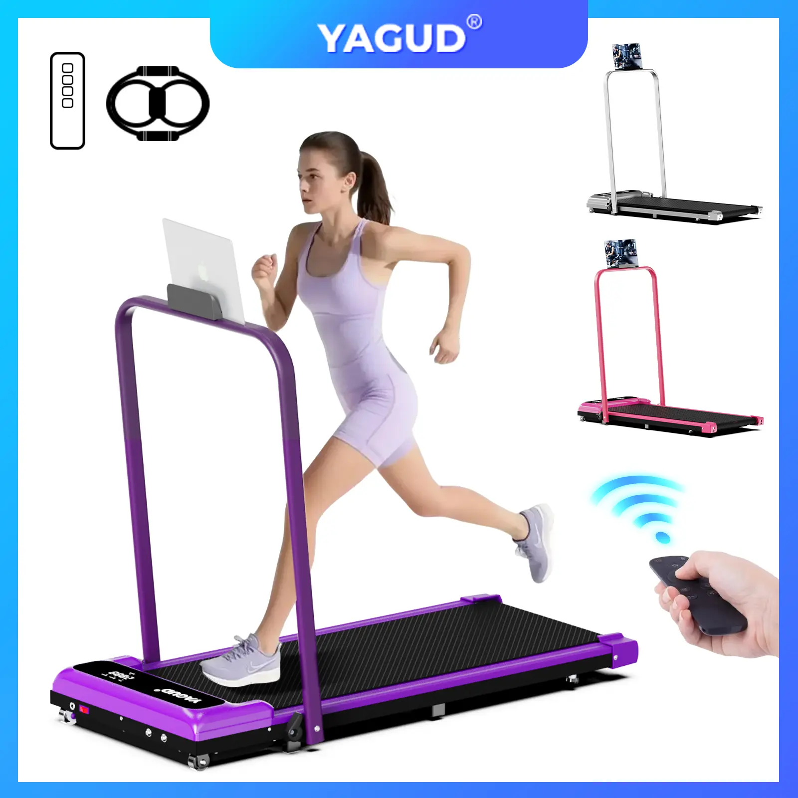 Colorful Handrail Foldable Treadmill, Low-Noise Motor & Dual Shock Absorption – LED Digital Display, 265lbs Capacity, Remote Control & Easy-Move Wheels, Ideal for Home or Office Fitness