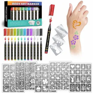 Temporary Tattoo Markers for Kids and Adults, 12 Metallic Markers and 155 Tattoo Stencil Designs, Cosmetic Tattoos Pens for Party Favor Gift and Face Painting