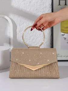 Rhinestone Evening Bag, Ring Handle Metal Decor with Chain, Phone Holder, Handheld Crossbody Multi-Use Hand Shoulder Bag for Women