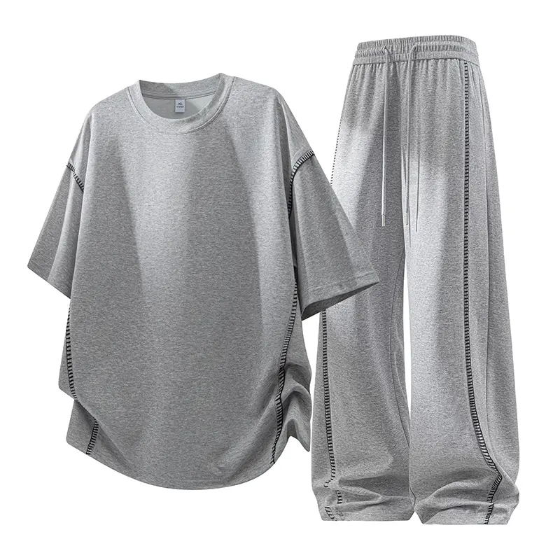 Men's Contrast Stitch Two Piece Outfit, Crew Neck Curved Hem Short Sleeve T-Shirt & Elastic Drawstring Wide Leg Sweatpants Matching Tracksuit Soft Breathable Casual Set For Summer Daily Streetwear Outfits # SummerWins