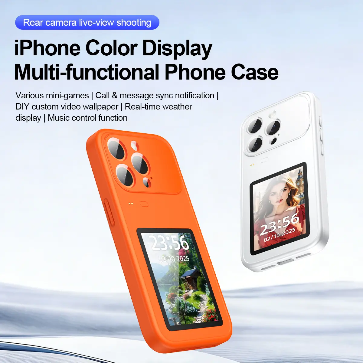 Quriov Smart Back-Screen Phone Case for iPhone!Features live rear camera view, mini-games, call/message alerts, DIY video wallpapers, weather display & music control.A must-have tech accessory
