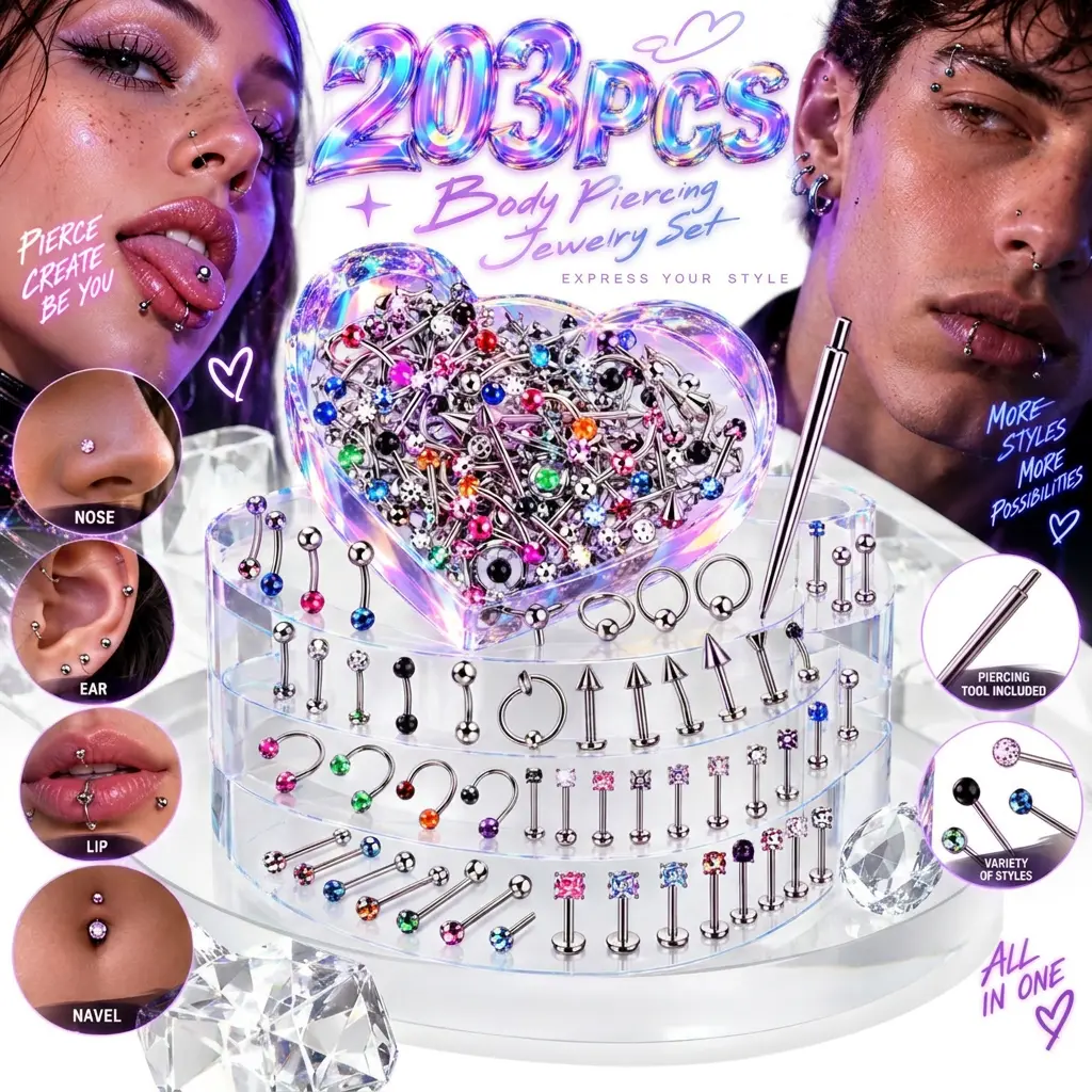 Halcyon 203Pcs Holographic Body Piercing Set, Y2K Cyber Nose Studs Ear Studs Belly Rings, with Piercing Tool, Edgy Daily Wear Gift for Unisex