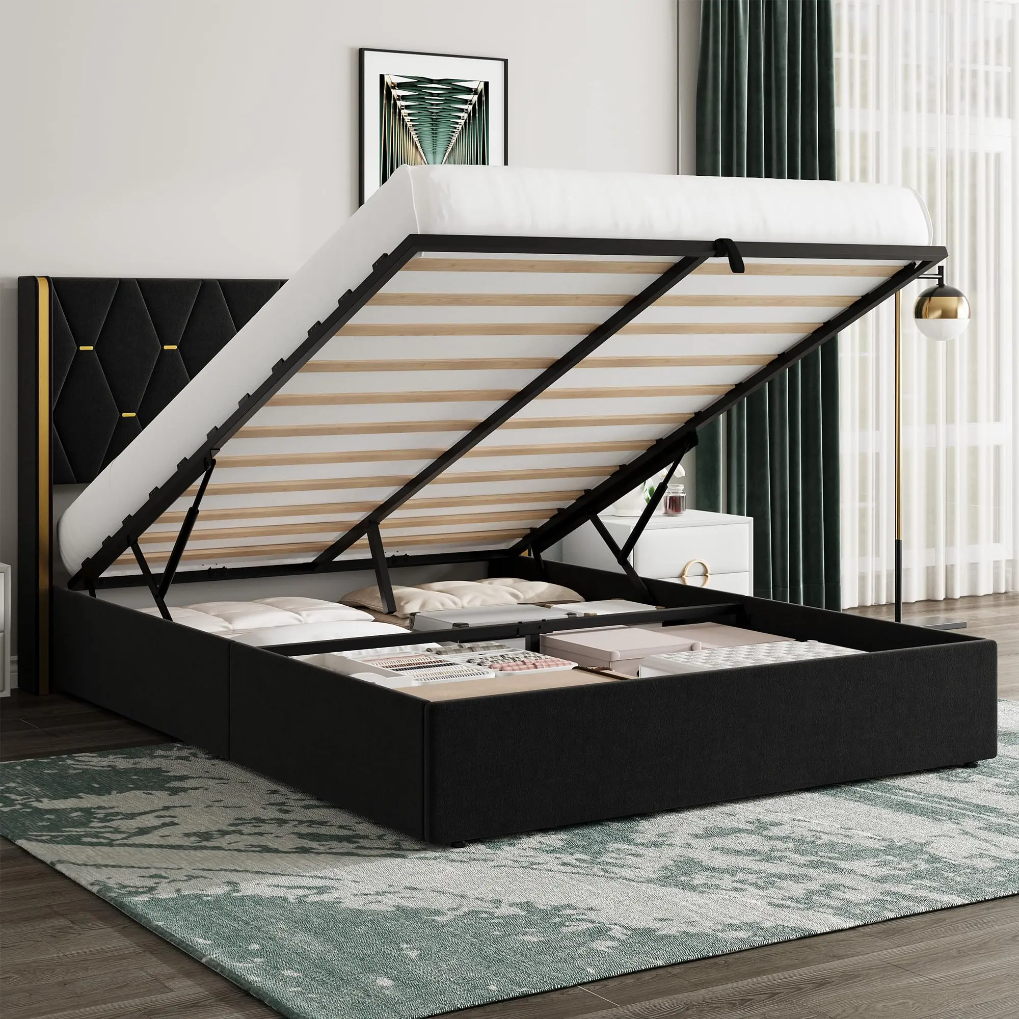 Garvee  Storage Bed Full with Upholstered Wingback Headboard, Modern Full Size Hydraulic Bed Frame with Strong Wood Slats Support, No Box Spring Needed, Easy Assembly, Black