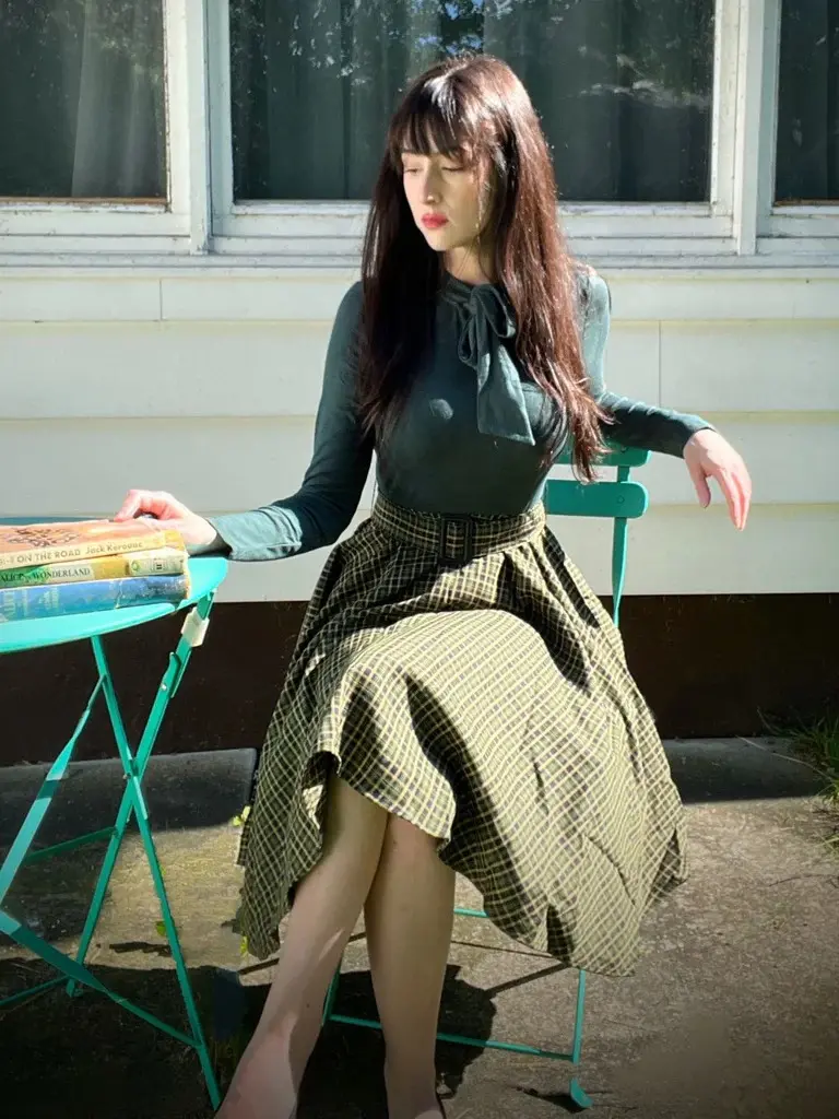 Women's 1950s Dark Green Plaid Knitted Fitted Boho Vintage Lady's Old-Fashioned Long-Sleeve Mandarin Casual Classy Dress BackToSchool Sohochic Fall Dresses Fall outfits Fall fashion