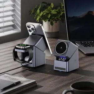 Four-In-One Rotating Wireless Charger, Fast Charge for iPhone, Apple Watch, AirPods, Desk Stand, Clock, Space-Saving, Stylish Design