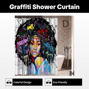 Art Design Graffiti Art Hip Hop African Girl with Black Hair Big Earring with Modern Building Shower Curtain for Bathroom Decor cortina impermeable magnetic window covering clip