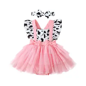 CPZVUCAK Newborn Baby Girl Pink Cow Print Ruffle Tutu Tulle Romper Dress Princess Birthday Western Cowgirl Summer Outfit