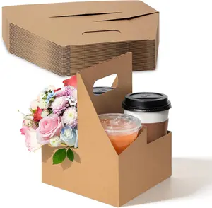 FMP Brands 4-Cup Mother’s Day DIY Drink & Flower Carrier - 25 Pack Kraft Cup Holder with Handle, Heavy Duty 12-30 oz To-Go Caddy for Coffee & Floral Gifts, Eco-Friendly Packaging