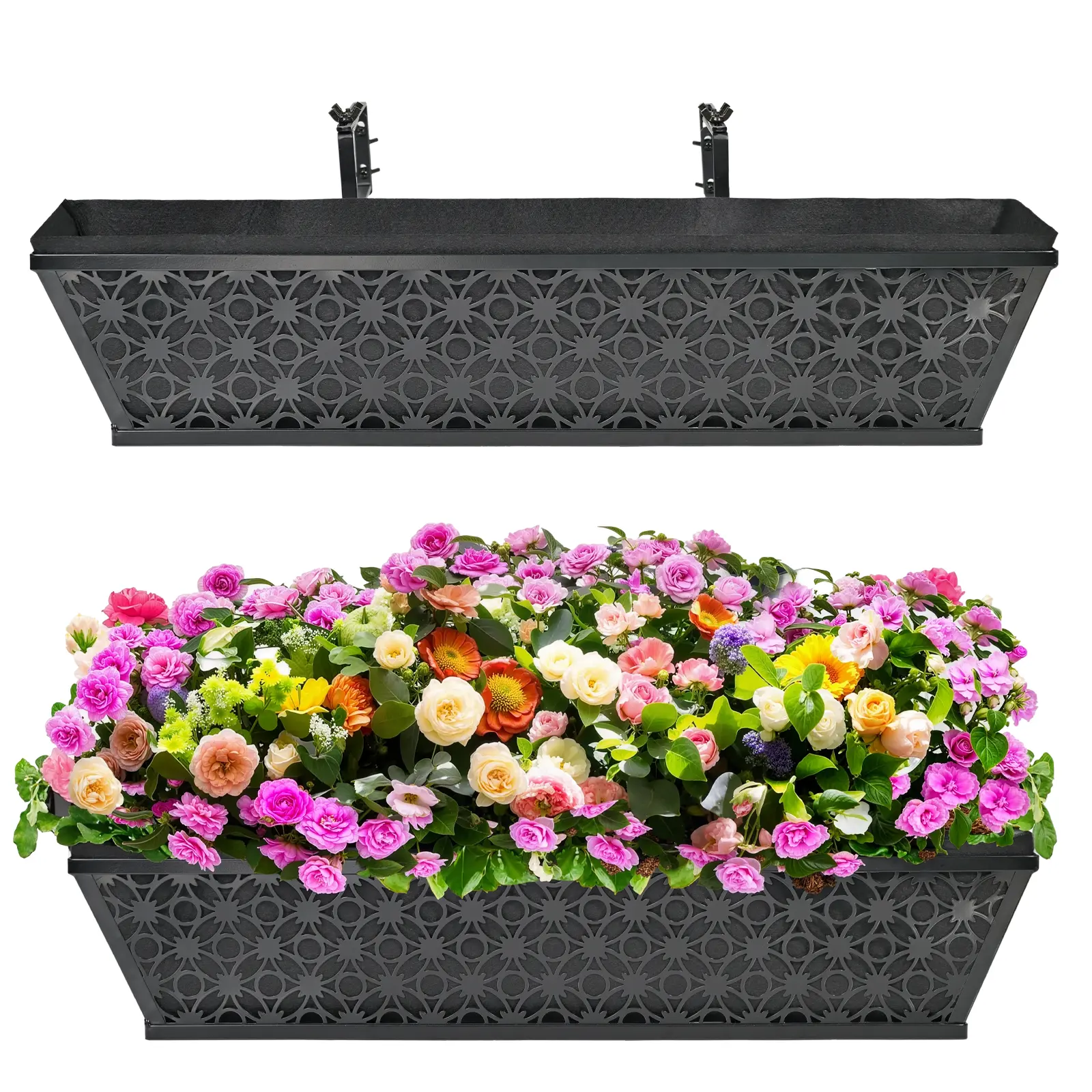 2 Pack 24 Inch Window Boxes Planter for Outdoor Plants Deck Railing Planters Box with Adjustable Brackets for Porch Fence Balcony Hanging Flower Baskets with Non-Woven Fabric Liner for Garden Decor