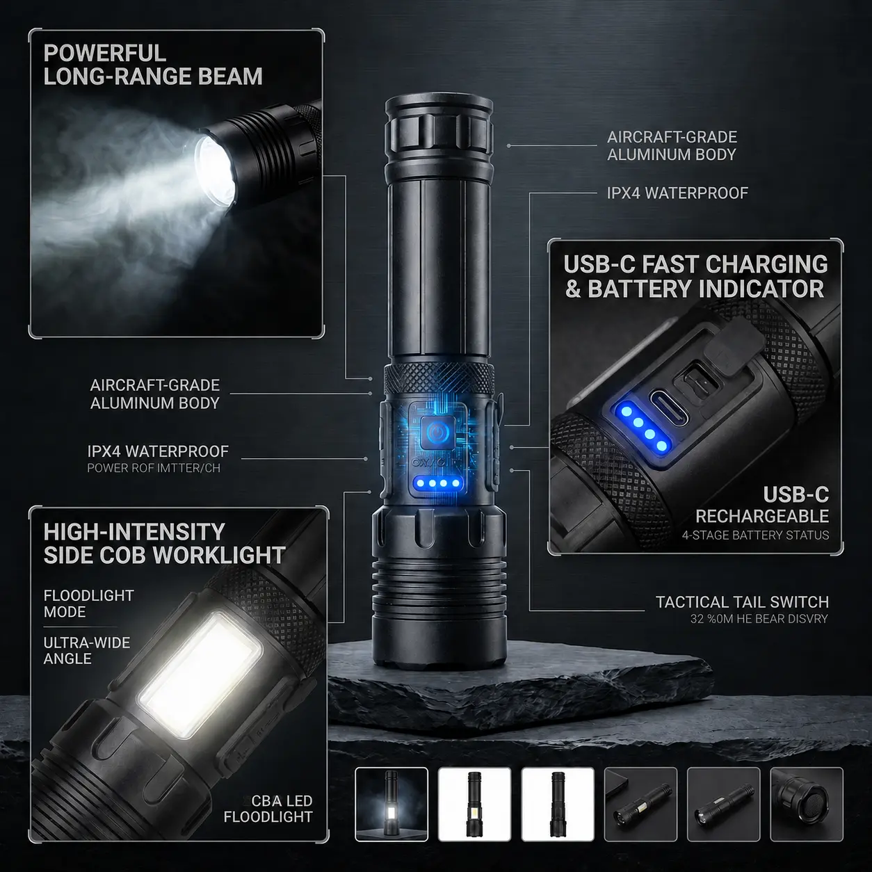 Rechargeable  Flashlight, Super Bright Long-Range Beam, 7 Lighting Modes, COB Side Work Light, USB-C Charging, Battery Indicator, Adjustable Focus, IPX4 Water-Resistant for Camping, Hiking, Night Walking & Emergencies