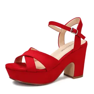 Women's suede thick sole high heel sandals, thick high heel ankle strap, open toe, comfortable wedding party dress shoes