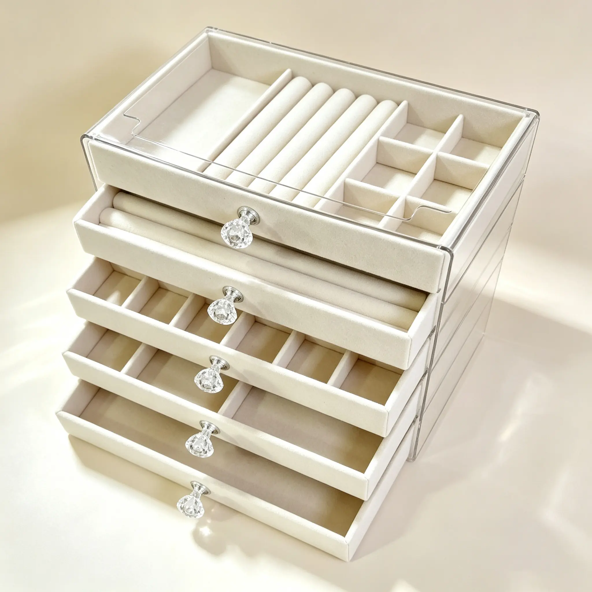 Classic 5-Layer Velvet Jewelry Organizer Box with Drawers, Multi-Grid Earring Studs Storage Case, Acrylic Dustproof Display Box for Makeup Vanity Countertop, Crystal Knobs, Mother's Day Gift