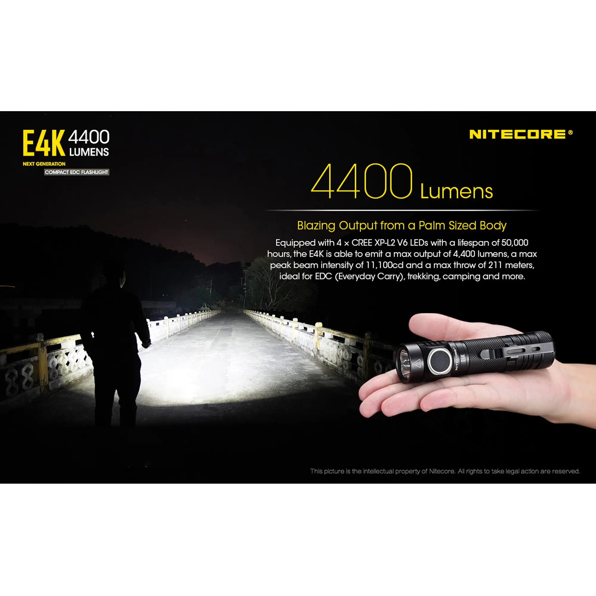 Nitecore E4K 4400 Lumen EDC Flashlight, with 5000mAh USB-C Rechargeable Battery