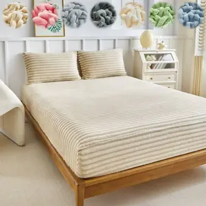 faux rabbit fur striped bedding set, soft and warm fitted sheet with 1/2 pillowcases, solid color three-piece sheet set, Soft Breathable Sheet, suitable for all seasons, perfect for bedrooms, dorms, and guest rooms, Bed Sheets Set, Bed Sets, Bedsheet