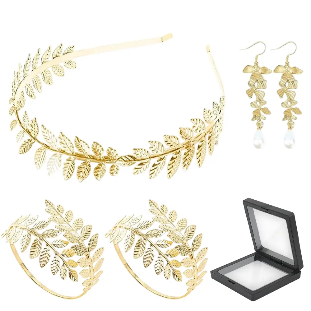 5 Pieces Greek Goddess Costume Accessories Set, 1 Piece Golden Leaf Crown Headband, 2 Pieces Coil Upper Armband Bracelet, 2 Pieces Dangle Earrings, Bridal Wedding Headpiece Toga Costume