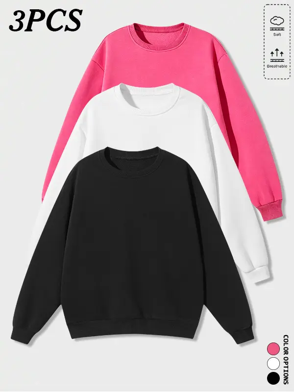 Men’s casual crewneck sweatshirt 3-pack: basic standard neckline with drop-shoulder loose fit; versatile styling combinations that meet everyday wear needs across various situations.