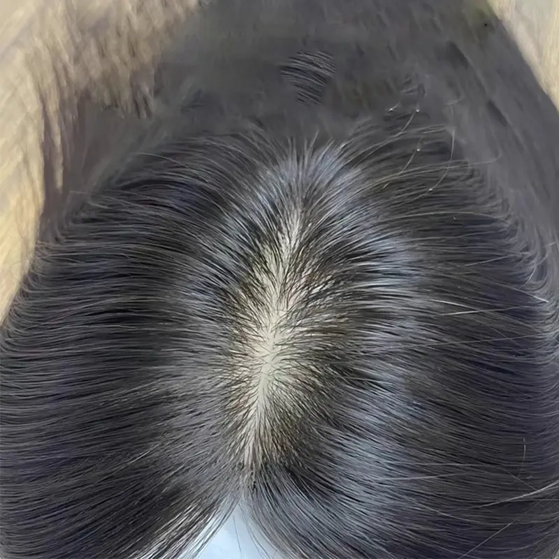 Lotfon Women's Double-Wefted Full Human Hair Topper with Straight Bangs - Clip Hair Extensions, Lightweight, Seamless Invisible Base, Seamless Hairline, Crown Volume Boost, Gray Coverage, Long Length, Chic Everyday Wear