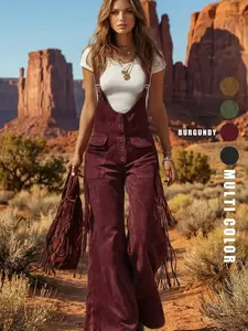 Women's Vintage Western Suede Fringe Wide Leg Overalls Pants, Womenswear Workwear Long Trousers, Stylish and Comfortable Fashion Pockets
