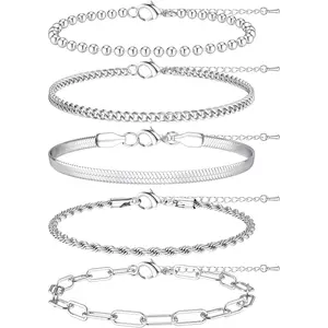 CASSIECA  5Pcs Bracelet for Women Gold Silver Stainless Steel Stacking Bracelets Rope Cuban Figaro Bead Chain Gold Silver Bracelets Link Charm Bracelets Set Jewellery for Women