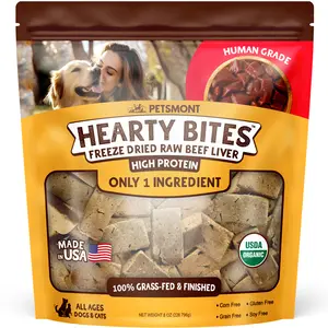 Petsmont Hearty Bites - Single-Ingredient Organic Freeze-Dried Beef Liver Treats for Dogs - 8oz