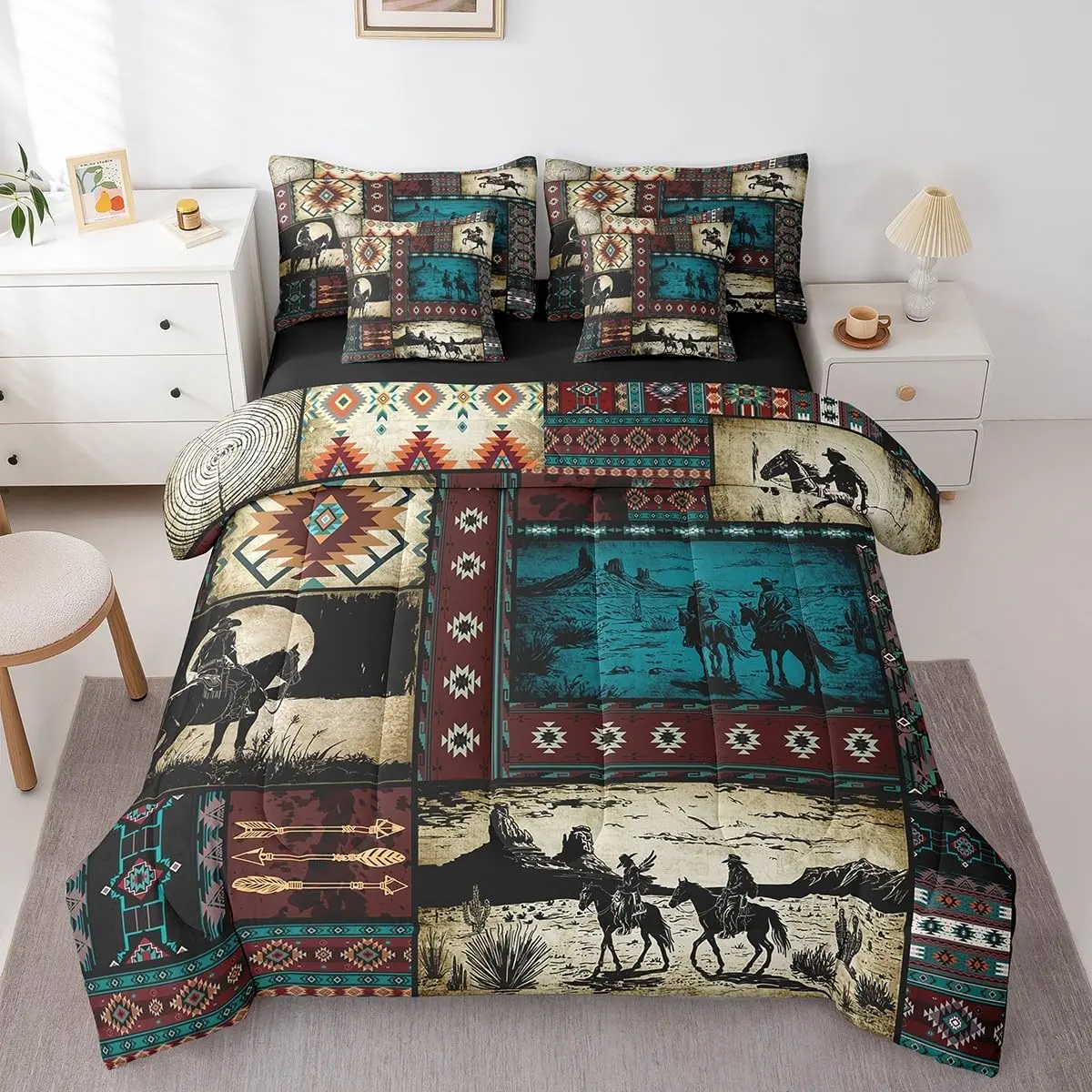 Feelyou 7-Piece Western Cowboy Comfy Bed Set - Southwestern Decorative Duvet Set with Exotic Plaid Pattern, In-A-Bag Household Bedding Including Comforter, Sheets, Pillowcases, Cushion Covers, Comfy Bed Sets