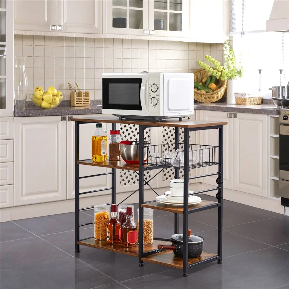 Yaheetech 4-Tier Industrial Metal & Wood Kitchen Island Organizer Storage, Durable Veneer & Iron Frame Baker's Rack with Adjustable Standing Shelf, Basket, Hooks, Compact Yet Powerful Microwave Stand, 28.7 lb & 6.6 lb Capacities, Assembly Required, Indoor