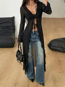 Women's Mesh Halter Long Jacket with Ruffle Bow, Bohemian Fairy Style, Casual Vacation Beach, Picnic Music Festival Clothing