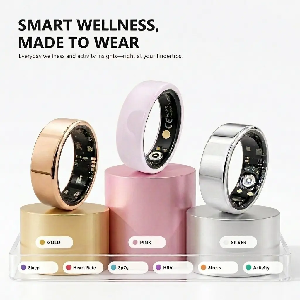 Pink Ceramic Smart Ring for Women, Fitness and Sleep Tracker with Heart Rate, HRV and Stress Insights, Multi-Sport Modes,  No Subscription for Men & Women, Android & iOS Compatible,IP68 Water-Resistant, Charging Case with Approx. 10 Recharges