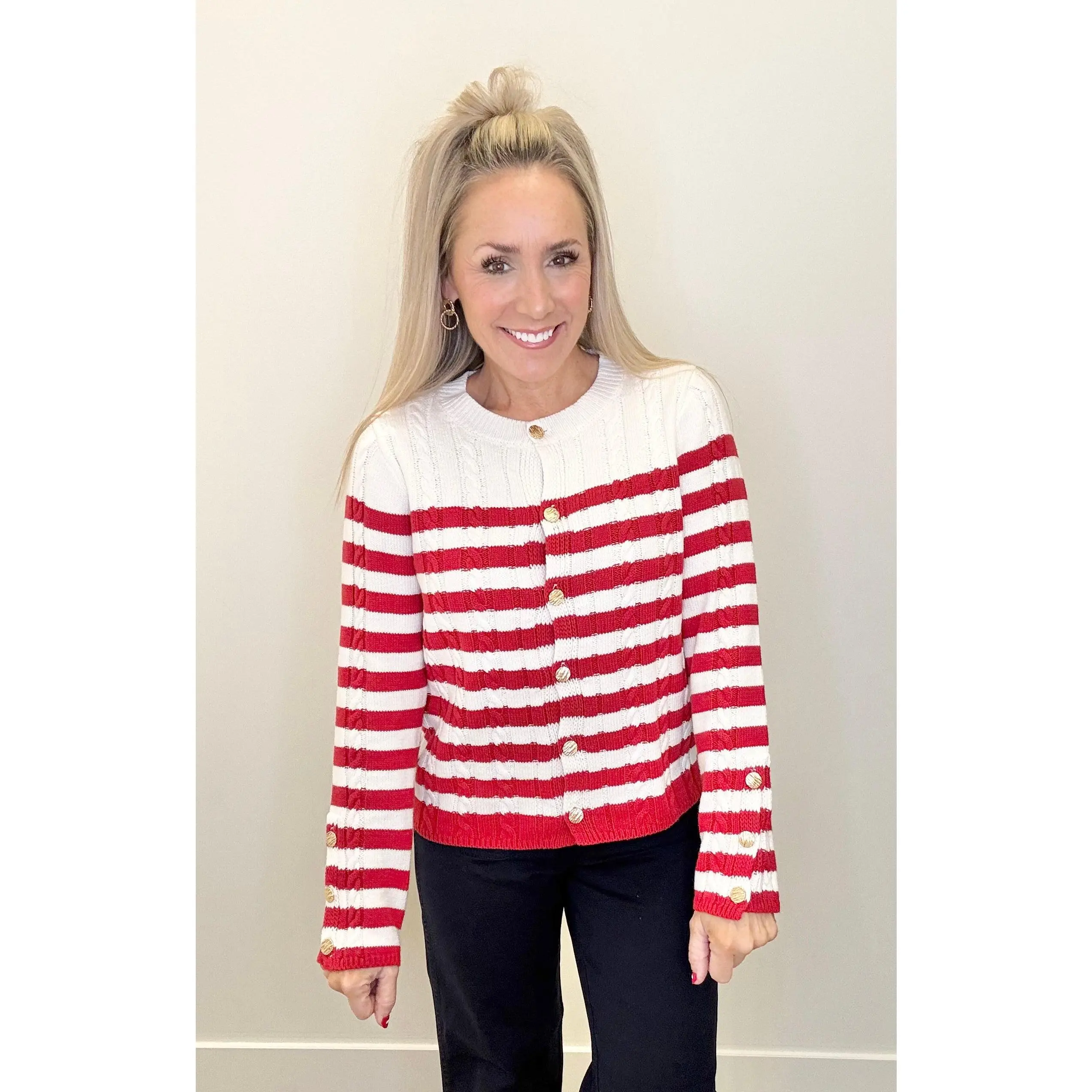 Women's Classic Striped Cardigan Sweater in Red and White, Cozy Top with Gold Tone Button Front and Sleeve Cuffs