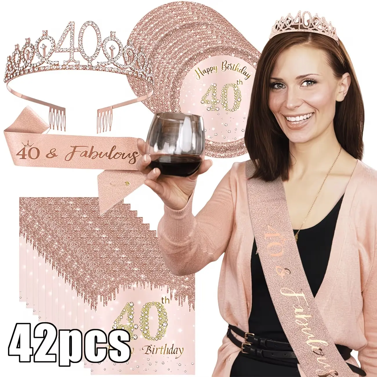 42Pcs Rose Gold 40th Birthday Decor Set, Disposable Tableware with 20 Plates & 20 Napkins, Matching Birthday Crown and Sash, 1986 Forty Year Old Party Supplies, Elegant Decor Kit for Women's 40th Birthday Celebration