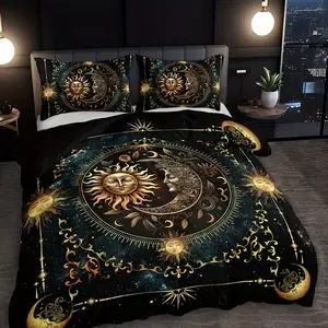 Bohemian Sun & Moon Print Quilt Set, Soft Polyester Fabric, Zipper Design, Modern Bedding Essentials, 3pcs