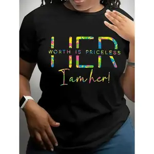 Women's Letter Print Casual Round Neck T Shirt Short Sleeve Summer Wear for Daily Vacation Outdoor Ladies Clothing