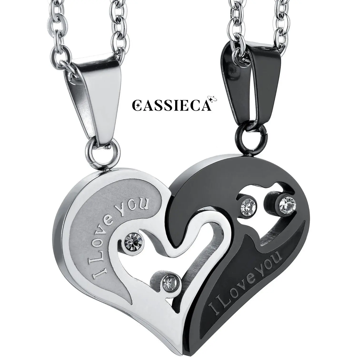 CASSIECA Couple-Themed Set Necklaces, Stainless Steel Retro Geometric Interlocking Engraved Heart CZ Puzzle Pendants, Long Chain Jewelry Necklaces for Anniversary Gifts