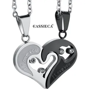 CASSIECA Couple-Themed Set Necklaces, Stainless Steel Retro Geometric Interlocking Engraved Heart CZ Puzzle Pendants, Long Chain Jewelry Necklaces for Anniversary Gifts
