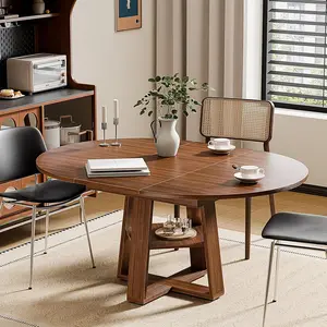 Sturdy Extendable Dining Table, MDF Tabletop with Wood Base, Round to Oval Kitchen Table for 4-8, Walnut Finish with Storage Rack