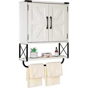 Farmhouse  Cabinet with 2 Barn Door,  Wall Mounted Storage Cabinet with Adjustable Shelf and Towel Bar, 3-Tier Bathroom Cabinet for Bathroom, Living Room( White, Medium)