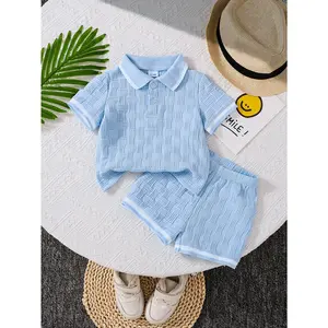 Summer two-piece set for boys: light blue short-sleeved shirt and shorts & Nordic minimalist style light blue shirt and shorts