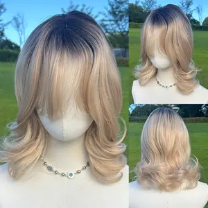 SMILCO/14Inch Ombre Deep Brown Ash Light Blonde Medium Curly With Bangs Synthetic Wig/SM531